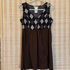 Rocker Girl Knit Dress‎ Junior's L  Argyle Plaid Brown Mini Preppy Activewear